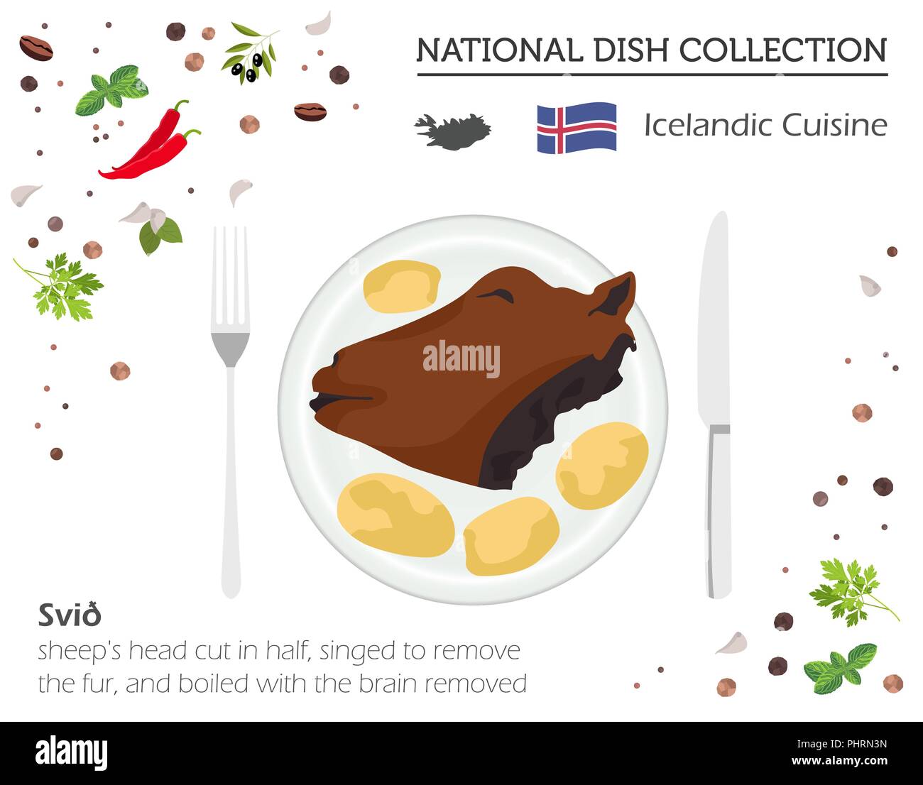 Icelandic Cuisine. European national dish collection. Sheep`s head cut in half isolated on white, infographic. Vector illustration Stock Vector